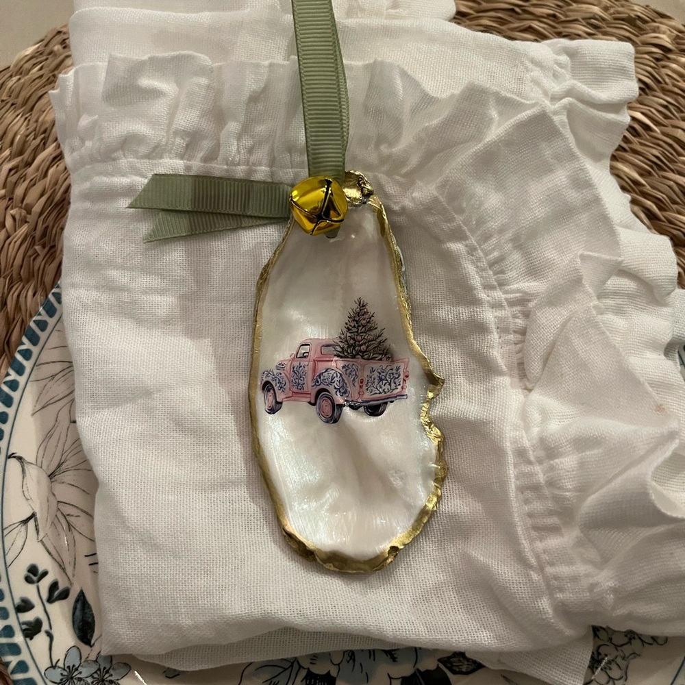 Holiday Pink Truck Oyster Shell Ornament by